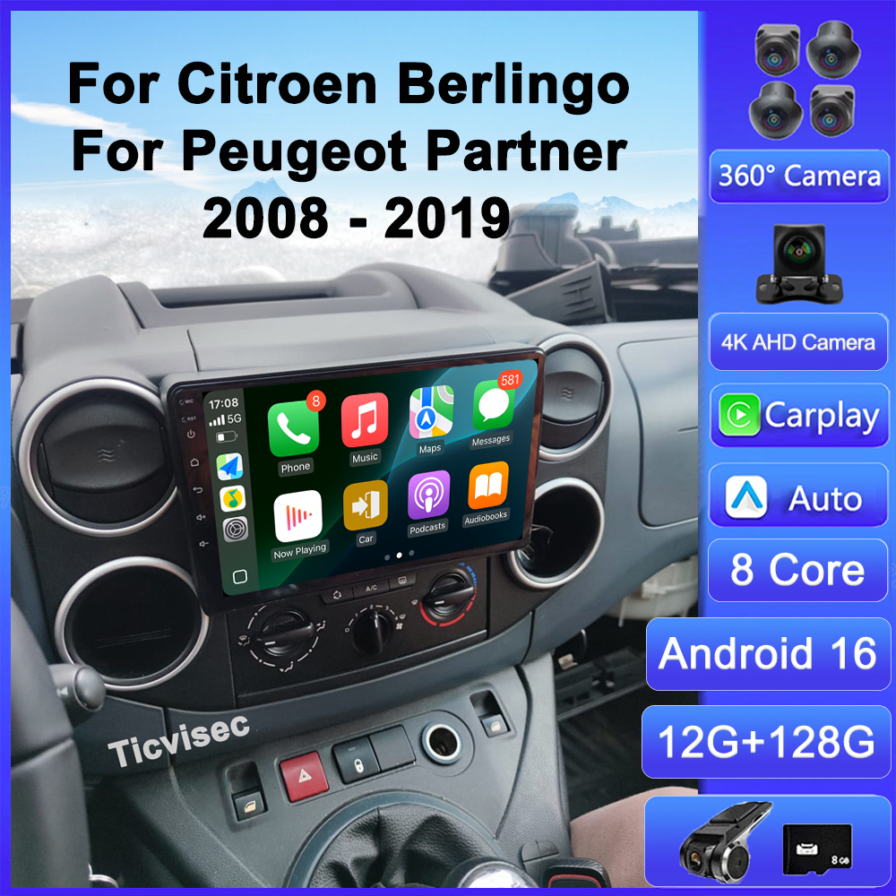 Android 16 Car Radio 4G+WIFI Carplay For Citroen Berlingo For Peugeot Partner 2008 - 2019 Navigation GPS Car Multimedia Player