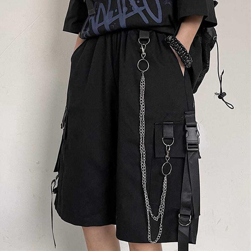 カジュアルルーズカーゴショーツ女性原宿ヒップホップパンク大ポケットワイドレッグショーツファッションチェーンハイウエストジョガーショートパンツ