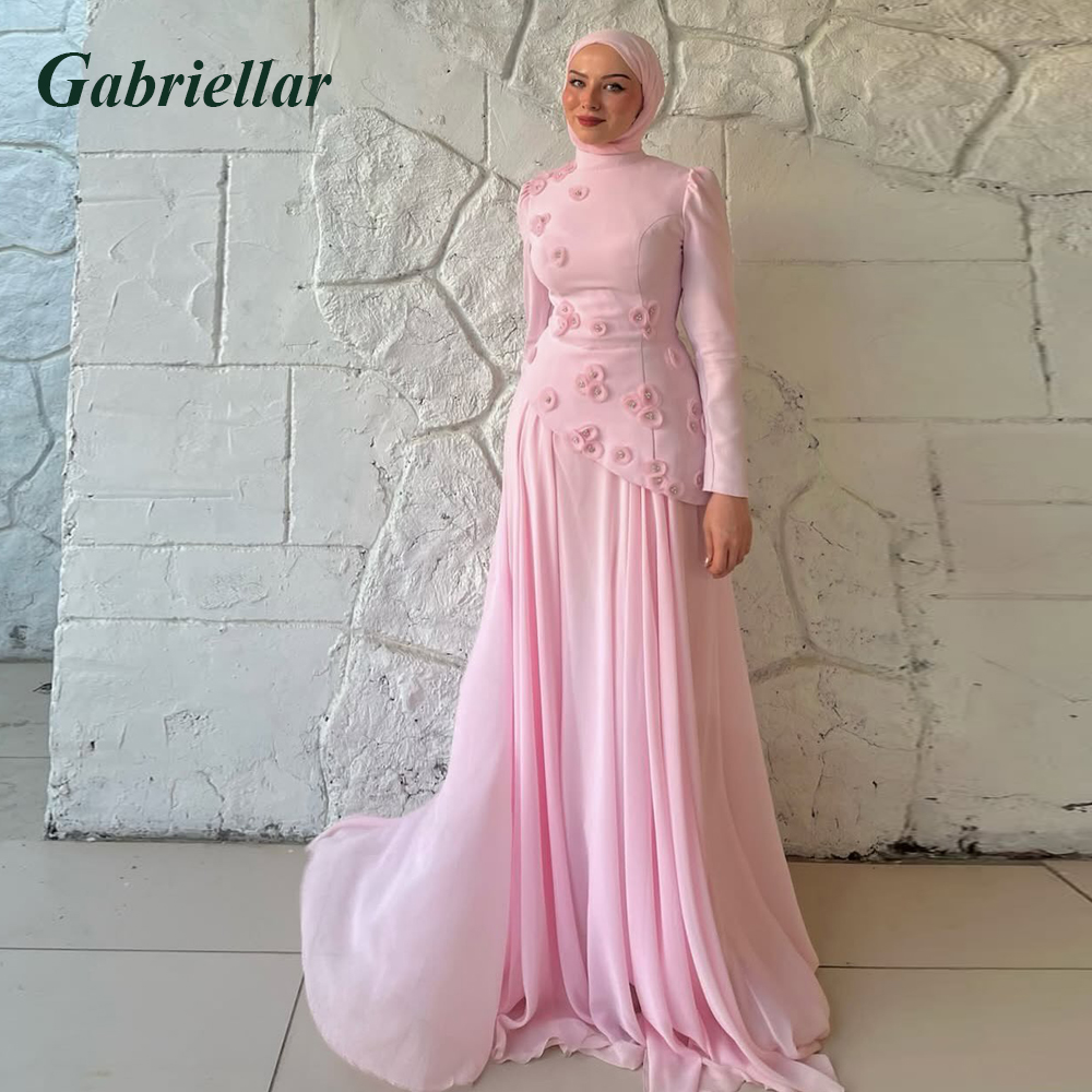 Gabriellar トレンディ 3D アップリケセレブドレスクウェートフルスリーブハイネックシフォンフォーマルパーティーマキシドレス女性のためのカスタマイズ