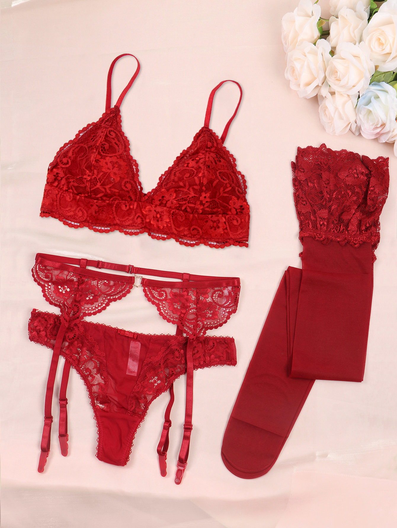 Varsbaby レースブラセット女性のための非パッド入りブラジャーパンティガーターストッキング夏の下着ランジェリーセクシーな