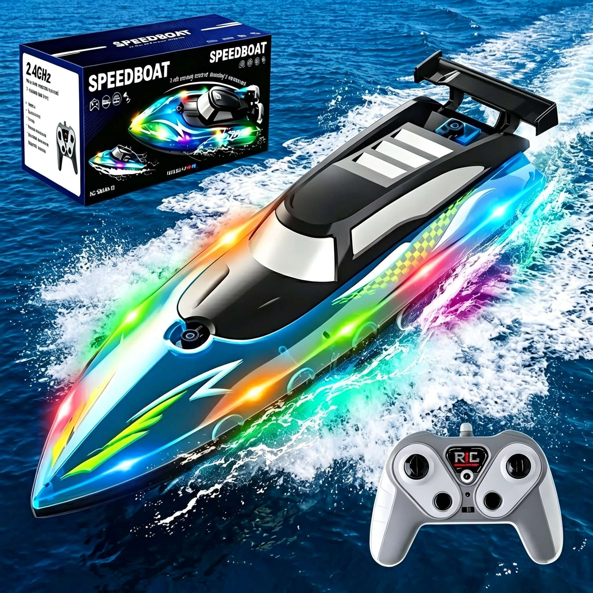 RCボート 2.4GHz 高速リモコンボート LEDライト付き 防水デュアルモータースピードボート 子供 大人 プール 湖 おもちゃ用