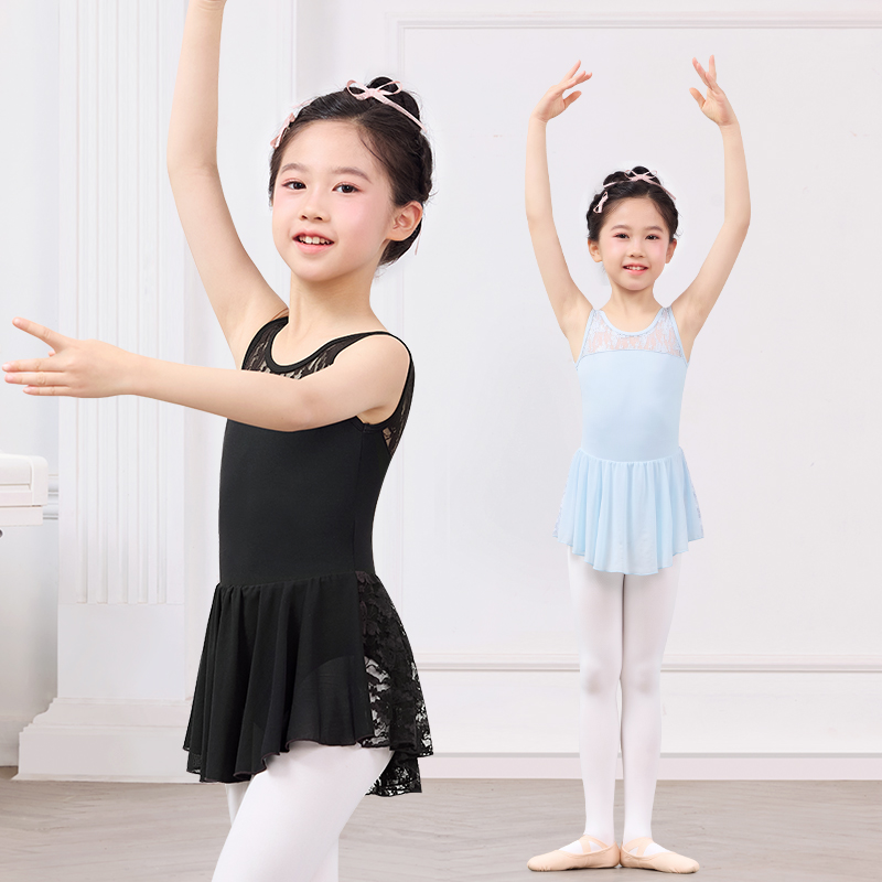 レーススプライスダンスレオタード子供女の子バレエドレスノースリーブバレエボディスーツショートスカート付きワンピースベストダンスドレス