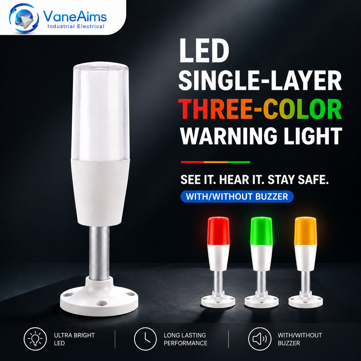 工業用 LED 3 色アラーム信号警告灯ブザー付きラウンドベース AC/DC12V 24V 赤黄緑単層ランプ