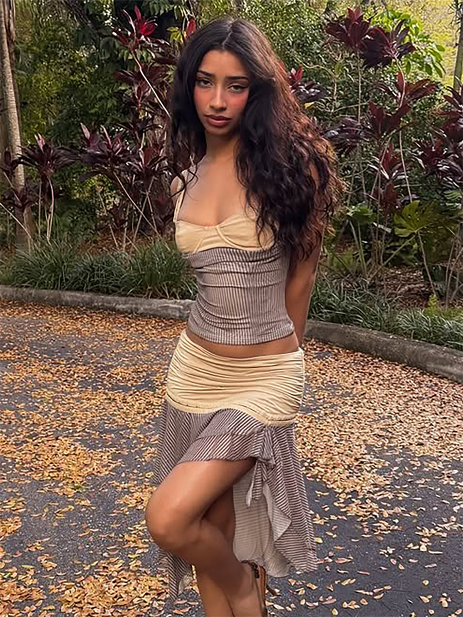 Kliou Stripes Print 2 Piece Set Women Summer Trend Square Collar Backless Tank Top+Tierred Mini Skirts Ruched Elegant Outfits