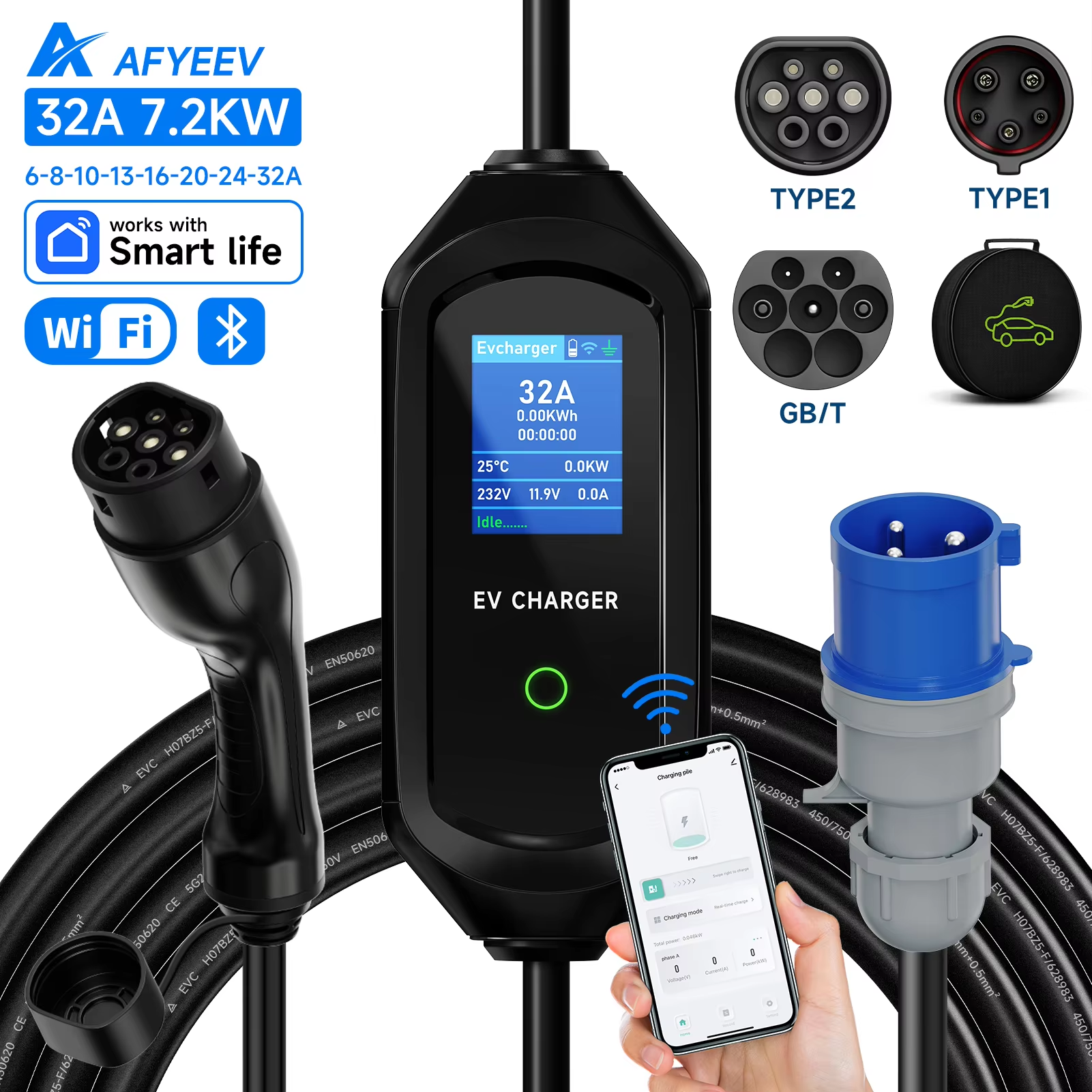 AFYEEV 32A 7.2KW Type2 Type1EV 充電器ポータブル GB/T 電気自動車充電器 EVSE 充電ケーブル WiFi Bluetooth APP 制御