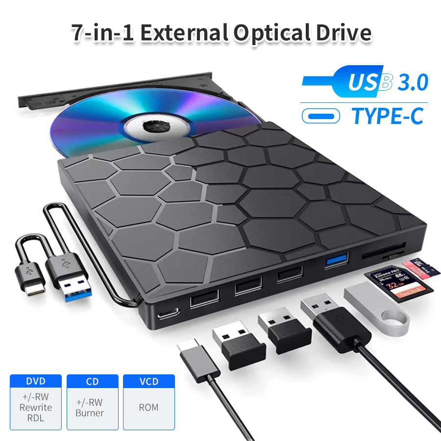 7 in 1 外付け DVD バーナー レコーダー USB 3.0 Type-C DVD ドライブ CD RW プレーヤー ラップトップ デスクトップ Windows 用外付けディスクプレーヤー