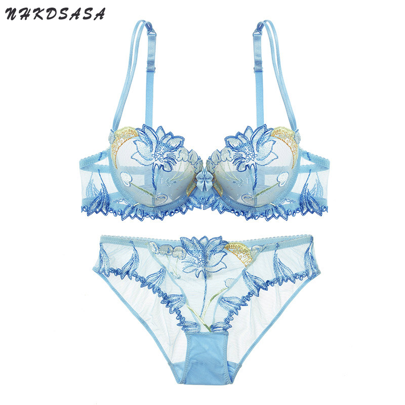Women Sexy Bra And Panty No Padded Invisible Underwire Bra Sets Lace Embroidered Briefs Underwear Lingerie Set Plus Size 90D