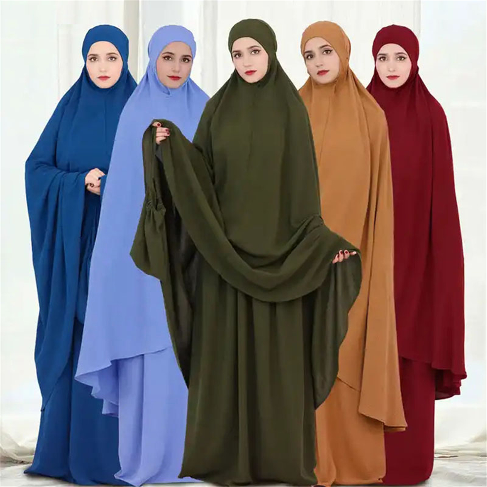 2 個オーバーヘッドフード付き Khimar スカートセット女性イスラム教徒の祈りの衣服イスラム服フルカバーアバヤ祈りドレスブルカローブ Abayas