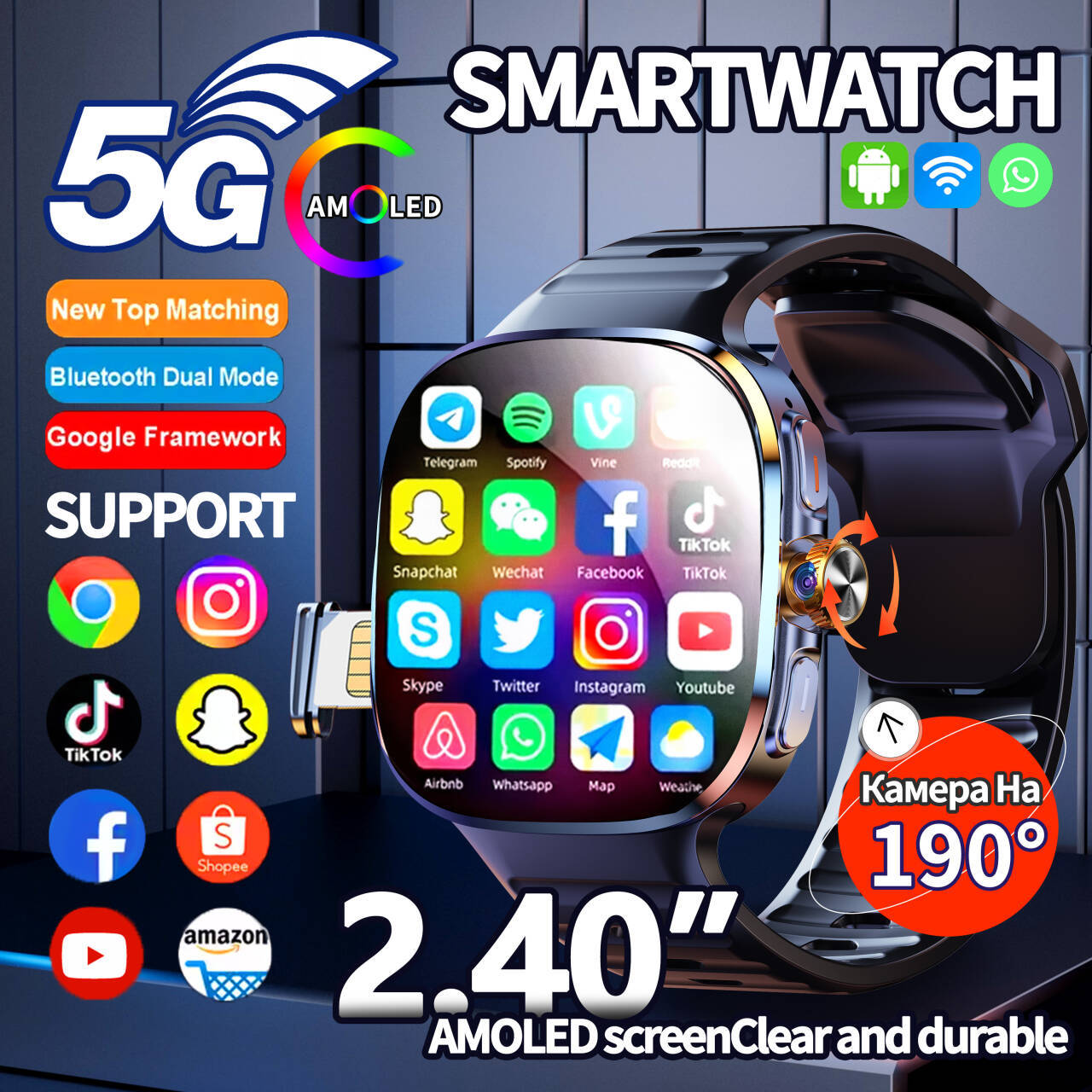 オリジナル M99 スマートウォッチ Android 4G/5G SIM カード 2.4 ''AMOLED 190 °回転カメラ WIFI GPS Bluetooth デュアルシステム Google スマートウォッチ