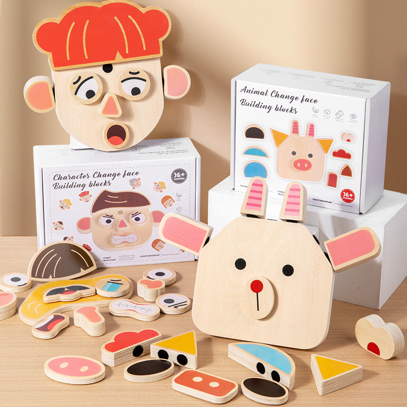 キャラクターの顔が変わる 3D パズルおもちゃ モンテッソーリの利点 インテリジェントキャラクター 動物 木製の顔が変わるブロック チャレンジ