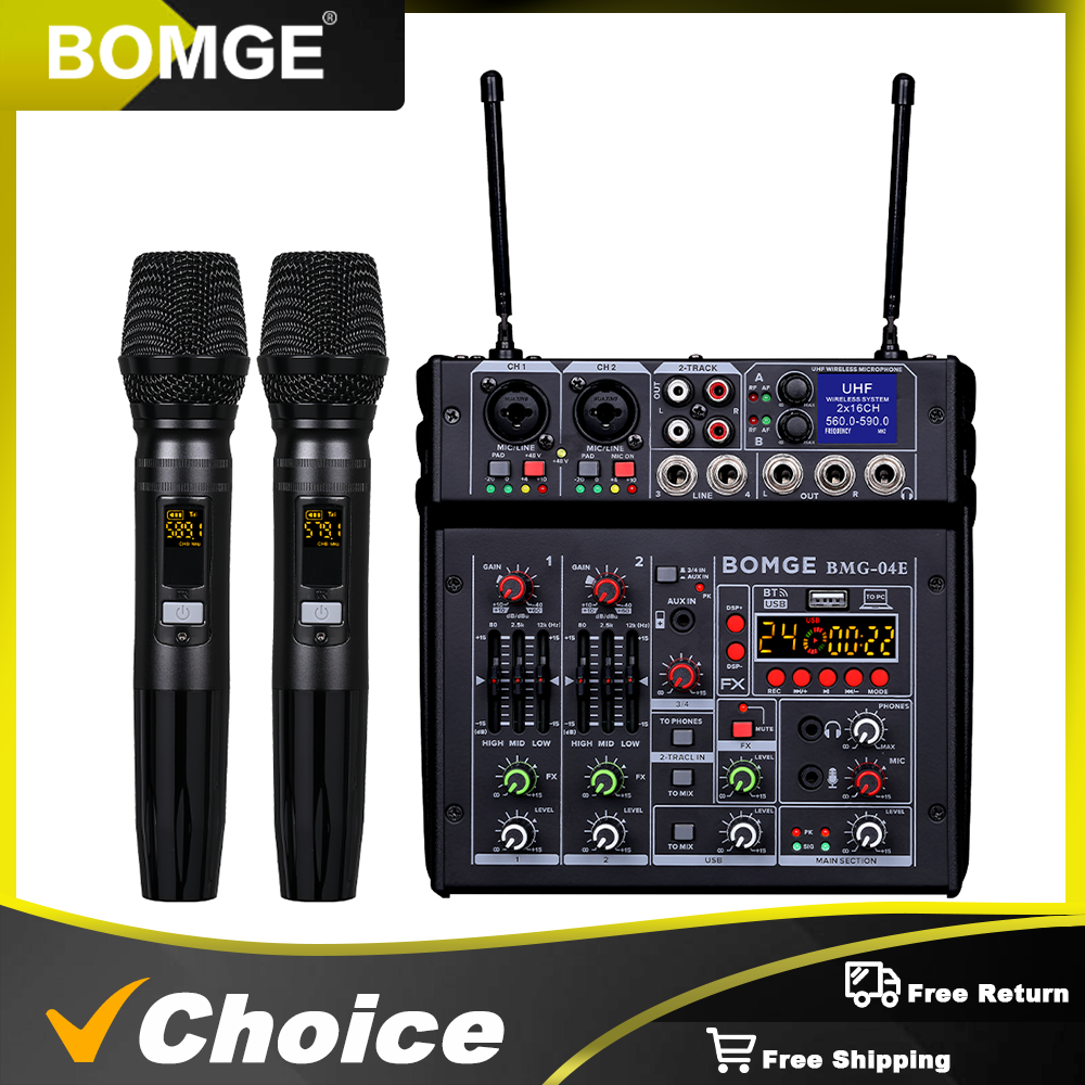 BOMGE 04E カラオケオーディオミキサー、デュアル UHF ワイヤレスマイクサウンドボードコンソールオーディオインターフェイスパーティースタジオ録音用