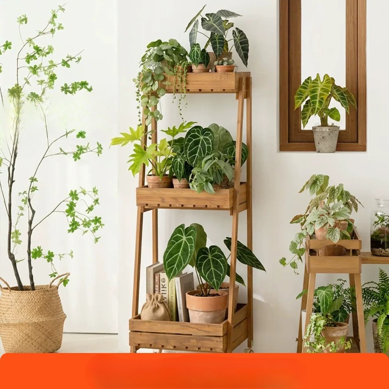 Movable Balcony Flower Stand, Floor Standing Plant Pot Rack, Solid Wood Outdoor Plant Display Shelf - Patio Garden Organizer