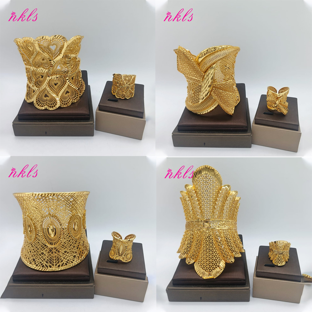 ドバイワイドゴールドカラー腕輪とリング女性フランス高級大型カフブレスレットアクセサリーインドのファッション婚約パーティーギフト