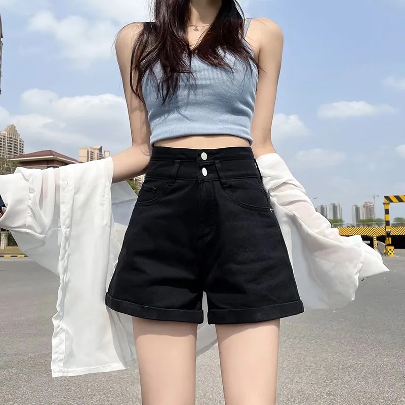 ダブルバックルストレートレッグショートジーンズレディース春夏ルーズカフスワイドレッグデニムショートパンツトレンディY2Kミニスカートcuteore