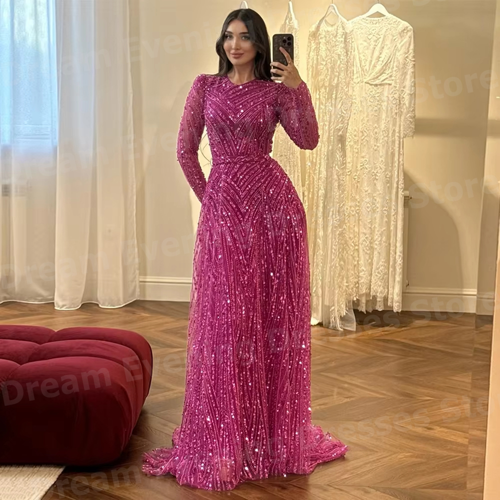 スパークリング A ラインの女性の O ネック長袖イブニングドレスカスタマイズされた Vestidos パラ Mujer プロムドレススパンコールローブ · ド · ソワレ