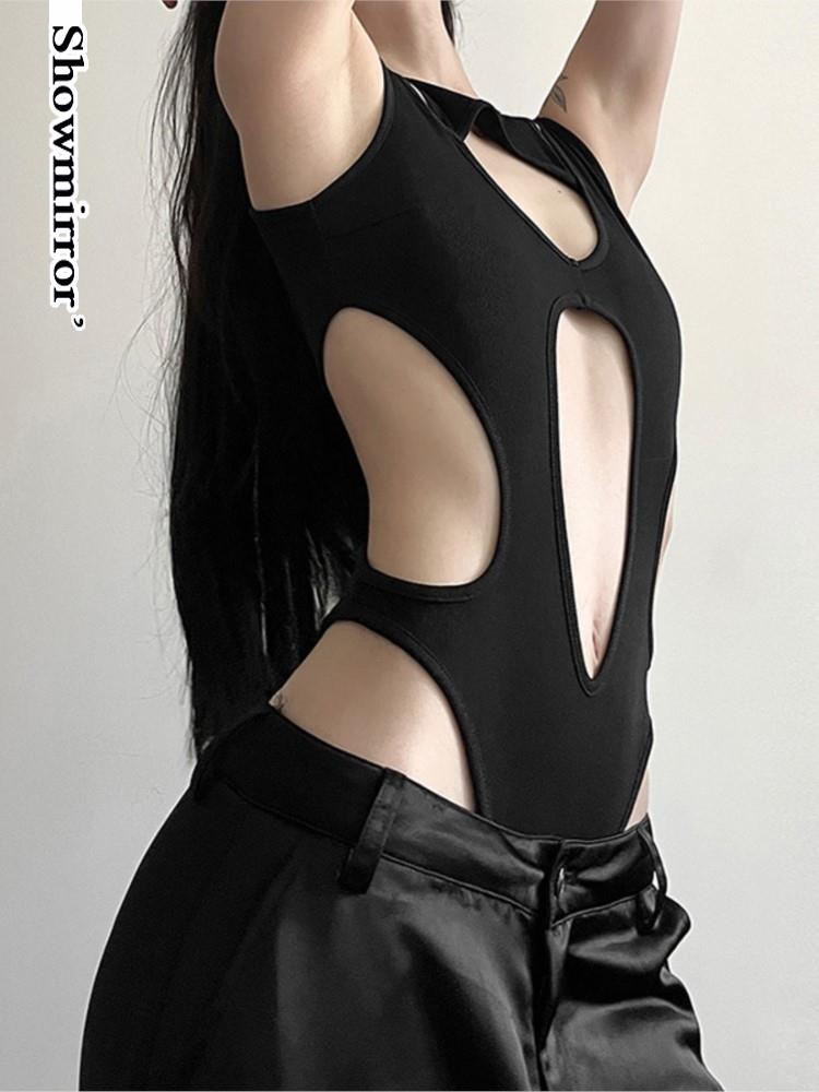 ゴシックトップス Y2k 服セクシーなスパイシーな中空アウトボディスーツ近くクラブウェアアシオン女性のパッチワークスリムフィットジャンプスーツトップ tシャツ