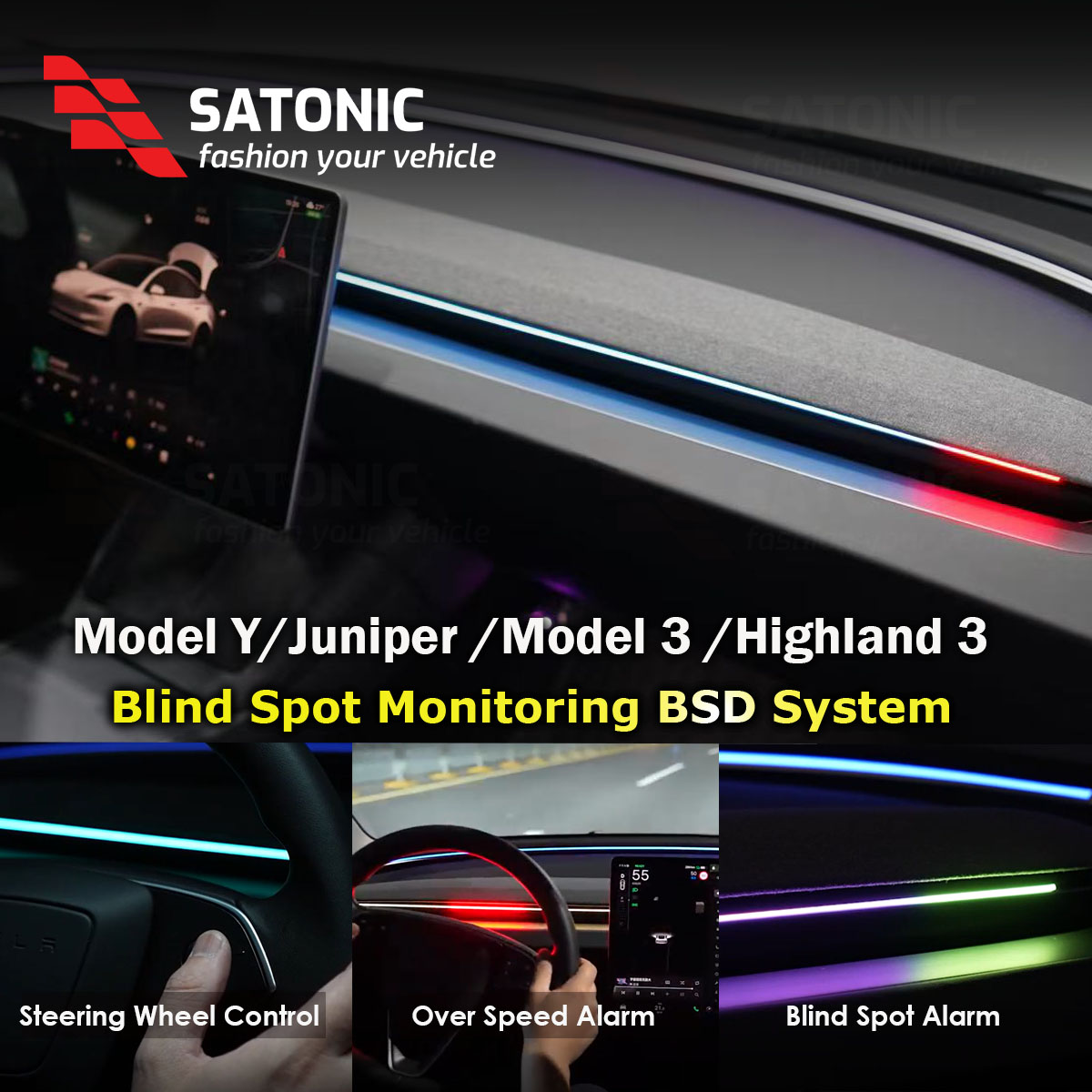 SATONIC V3.0 ブラインドスポットアラームシステム アンビエント LED ライト付き テスラモデル Y モデル 3 ハイランド 2026 Y ジュニパーセンターコンソール BSD 用