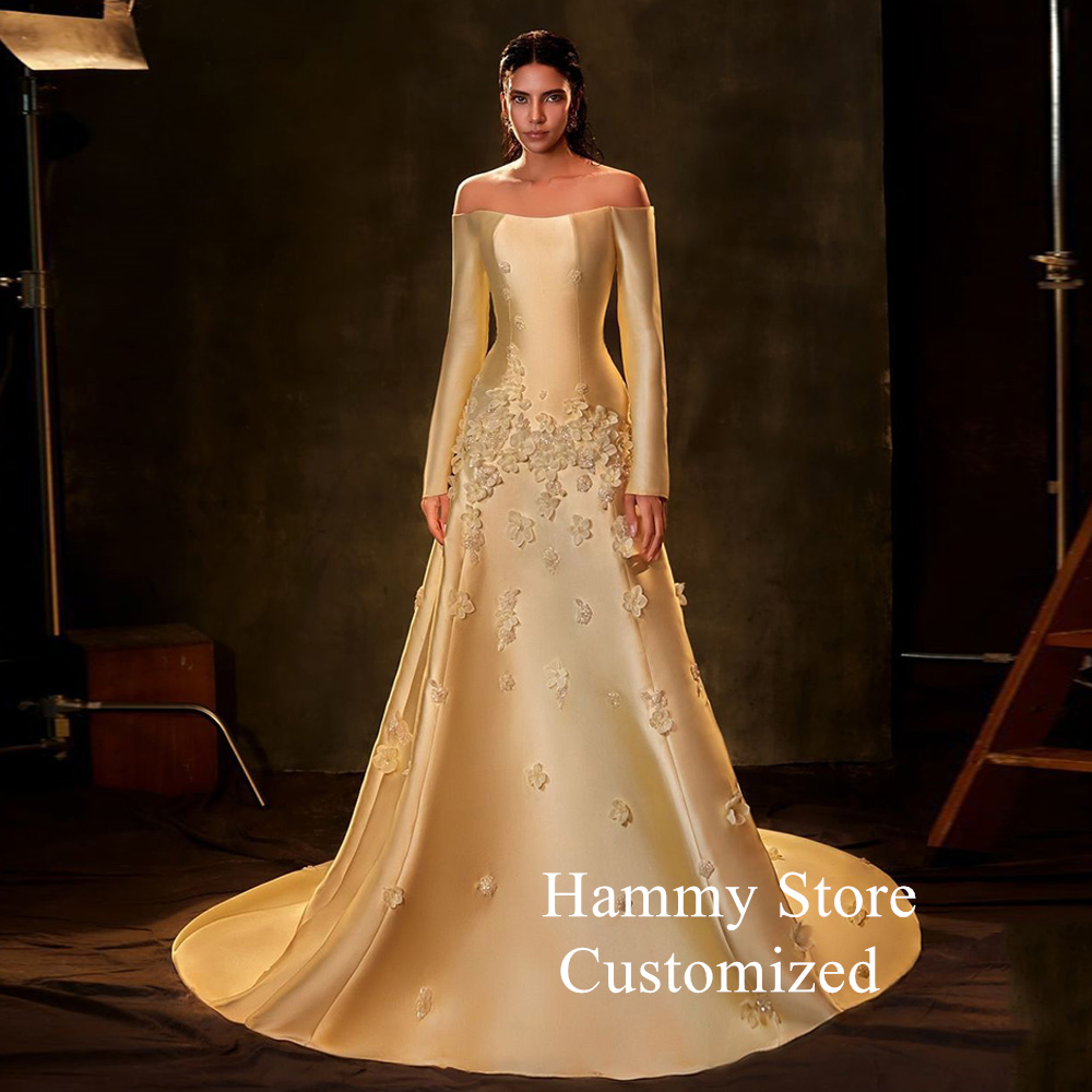 Arabic Evening Dress Yellow Party Gown for Pageant Customized Long Sleeves Flowers Mermaid Prom Dresses فساتين للمناسبات الخاصة