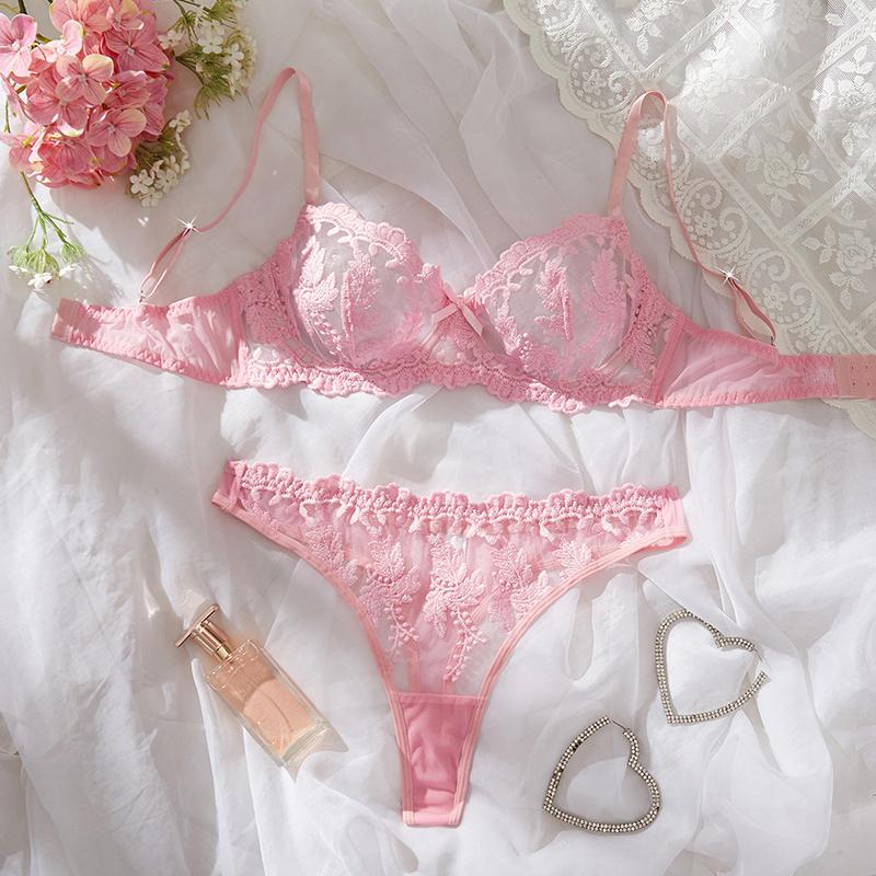 Sexy Girl Lingerie Set Pink Floral Lace Lingerie Sweet Transparent Underwear Delicate Embroidery Erotic Sets Push Up Bralette