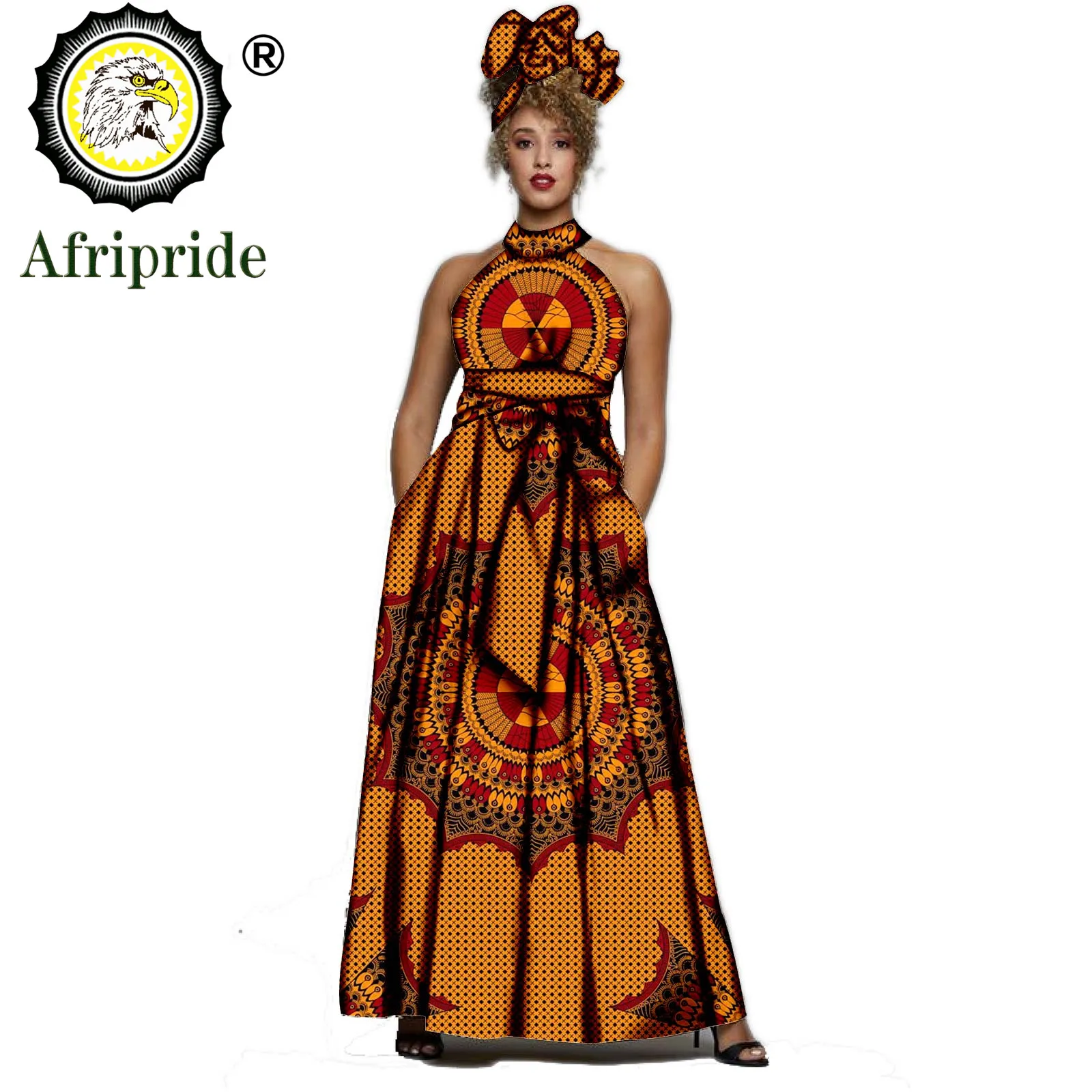 2026AFRIPRIDE アフリカのドレス女性のためのプリントノースリーブヴィンテージ弓ホルター床長さのマキシドレスと頭飾り S1925014