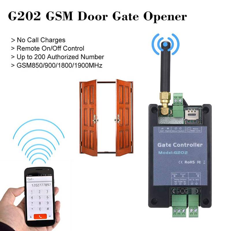 新しい G202 GSM ゲートオープナーリレースイッチ 2 グラムリモコン 200 ユーザードアアクセスワイヤレスドアオープナー無料通話 850/900/1800/1900MHz