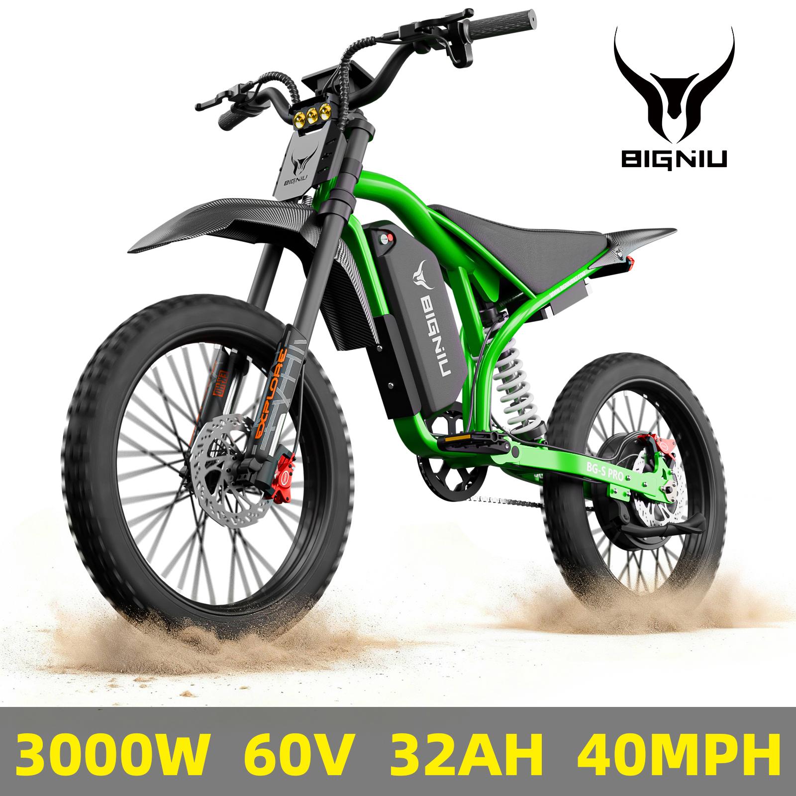 【BIGNIU】BG-S Pro 電動バイク 3000W ハイパワー 40 MPH フルサスペンション オフロード電動自転車