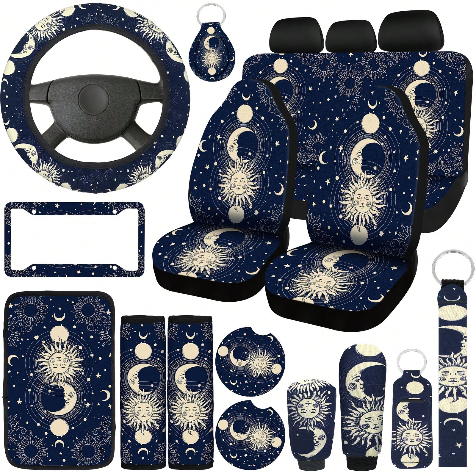 月、星、太陽のデザインが特徴のカーシートカバー19個セット。ステアリングホイールカバー、フロントシートカバー、リアシートカバー、ヘッドレストとアームレストカバー、シートベルトカバー、カップホールなどの追加物も含まれています。