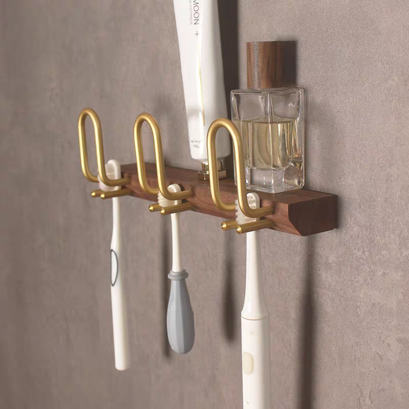Wood Toothbrush Holder Storage Rack Household Toothbrush Organizer Sticky Wall-mounted Toothpaste Bathroom Accessories Shelf
