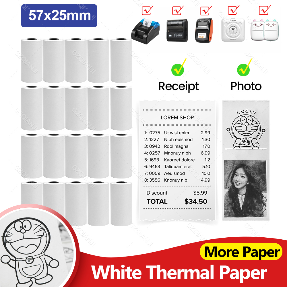 5 〜 10 個ミニプリンタ用紙 57*25 ミリメートル感熱紙、ポータブルポケットモバイル写真レシートプリンタユニバーサル用のホワイトペーパーロール