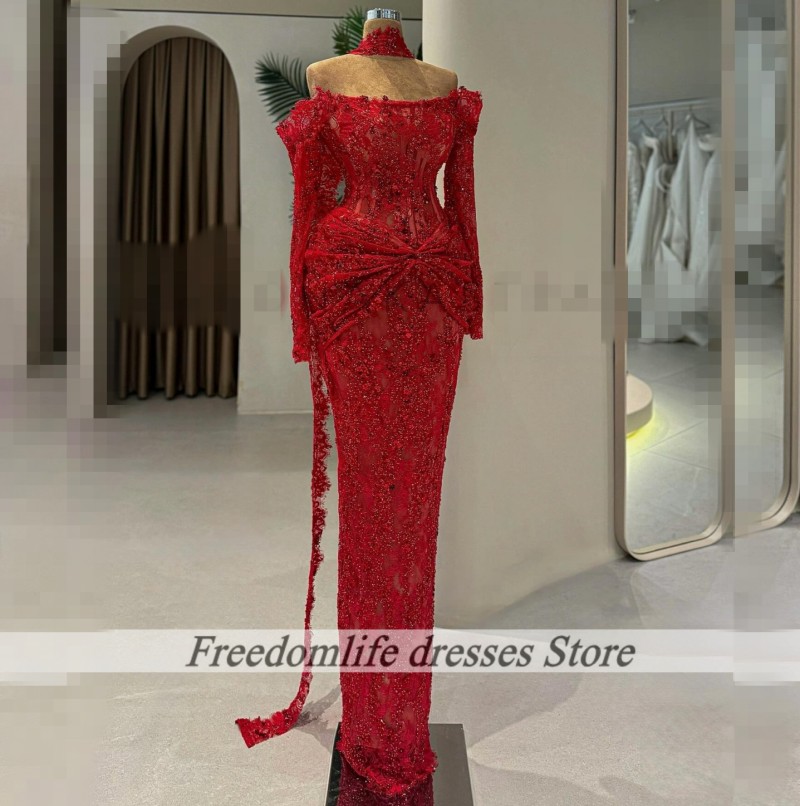 Red Evening Dresses Long Sleeves Lace Applique Wedding Party Dress 2026 Mermaid Prom Gowns Females Vestido De Festa Customized