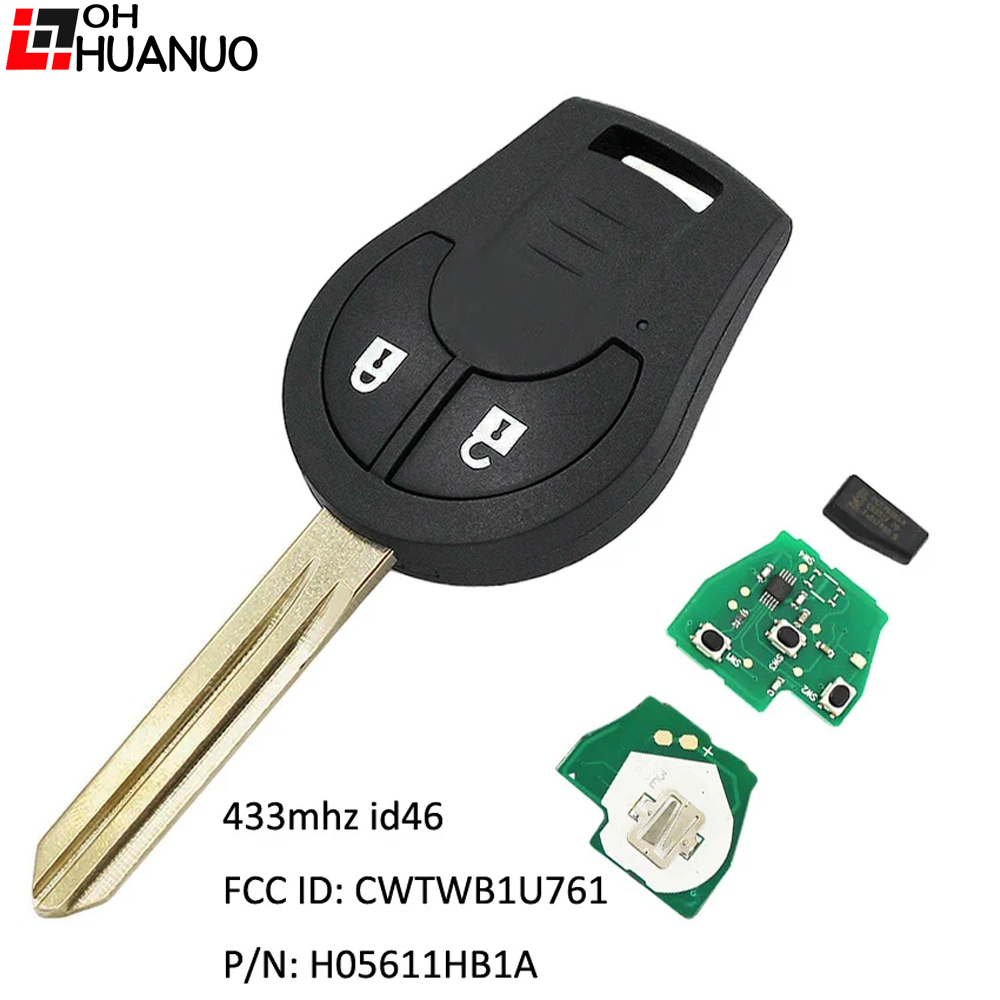 2 ボタンリモートカーキーフォブ 433MHz ID46 チップ日産マイクラ K14 2010 FCC ID:CWTWB1U761 P/N:H05611HB1A