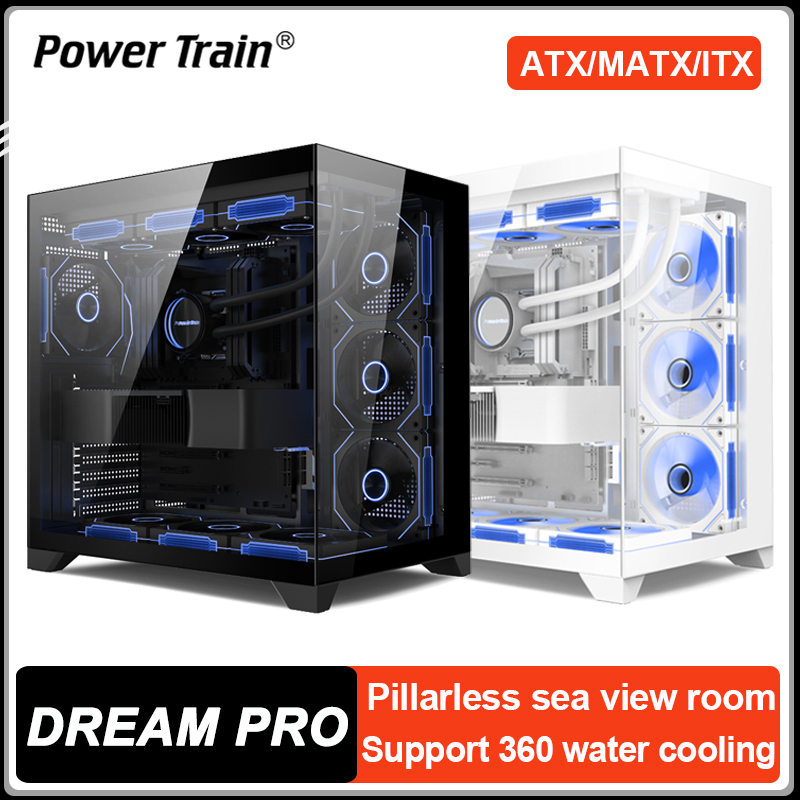 パワートレインドリームプロ ATX デスクトップケースシービュールームコラムフリーパノラマガラスゲーミングコンピュータケースサポート 360 水冷