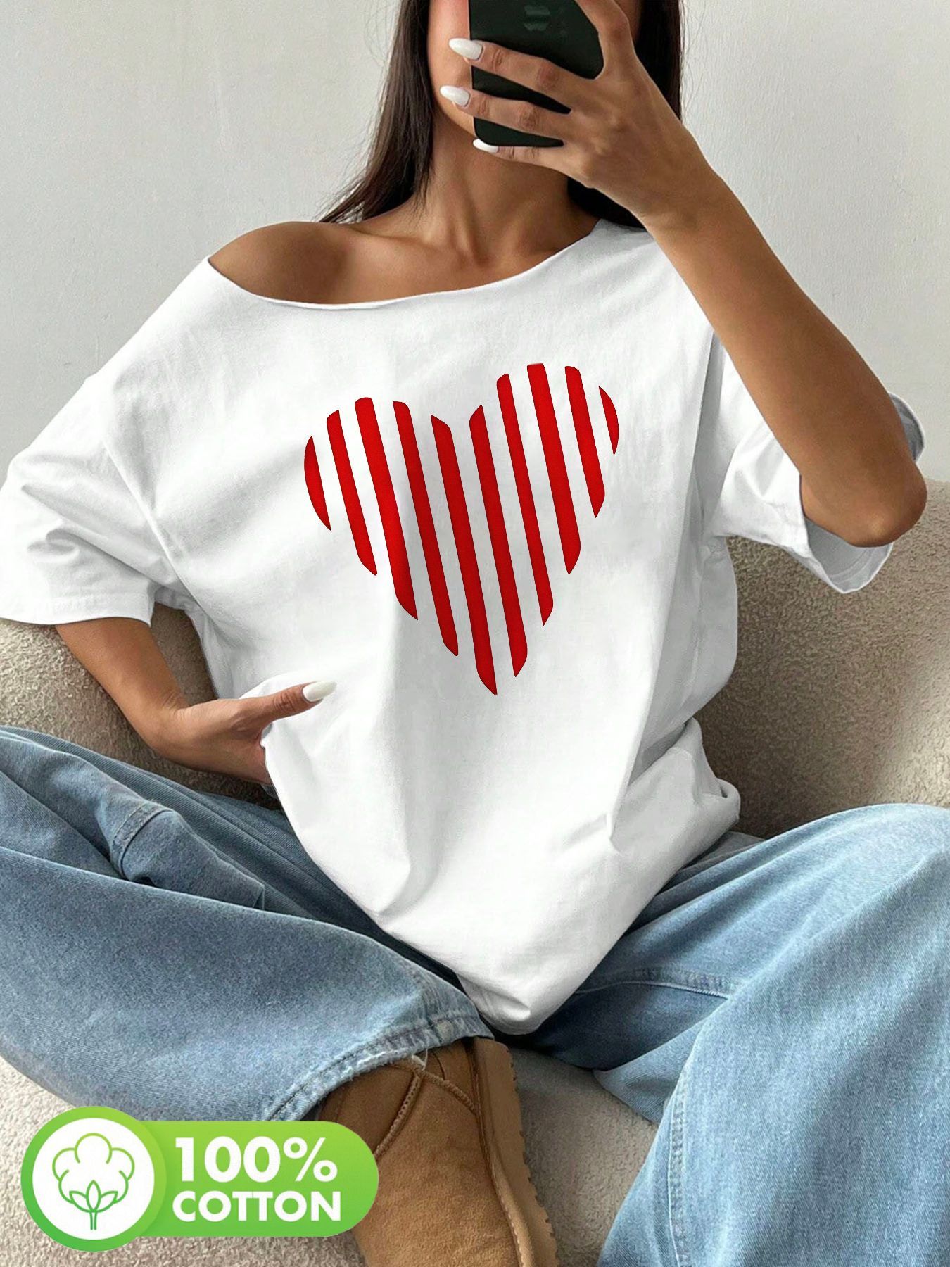 プラスサイズ綿 100% ショルダールーズプリント Tシャツ特大 Y2K スタイルグラフィック Tシャツ女性トップス夏オフショルダートップ再