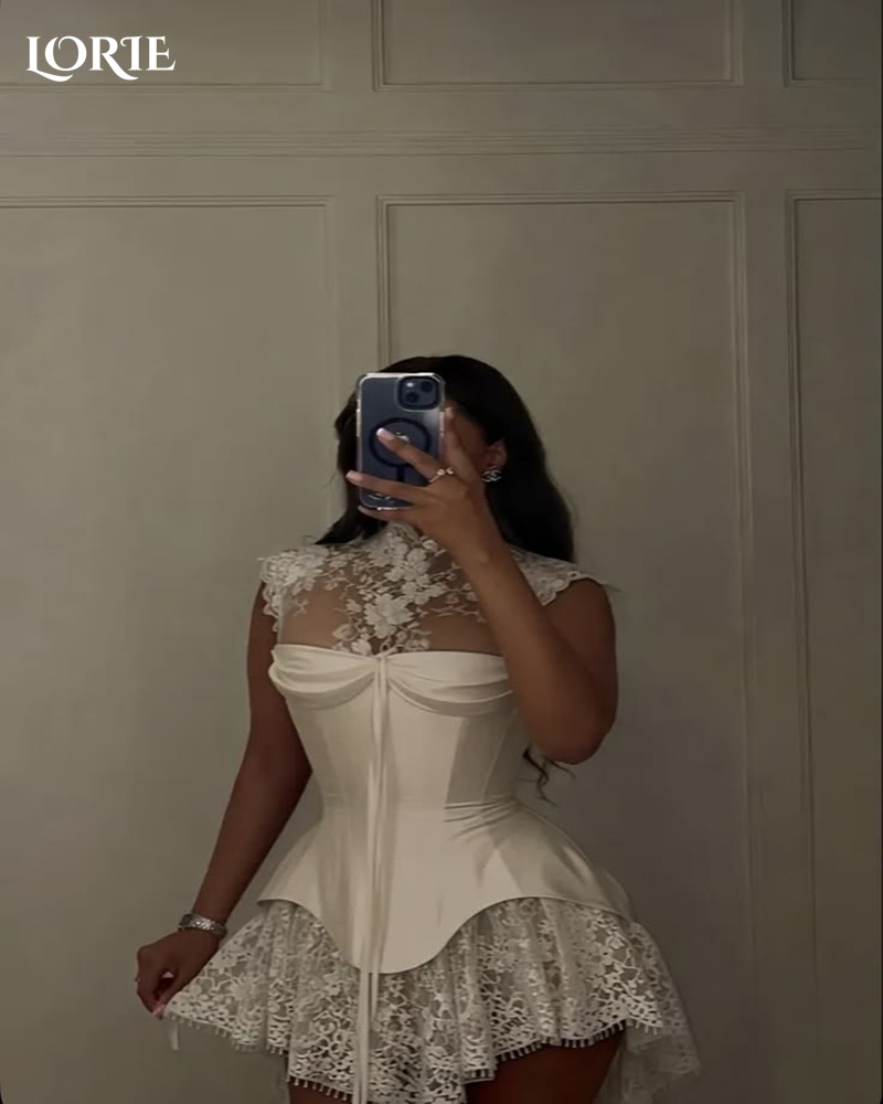 ローリーセクシーなミニレースのウェディングドレスハイネックアップリケ長袖ブライダルドレス膝上ボディコン花嫁ドレスカスタマイズ