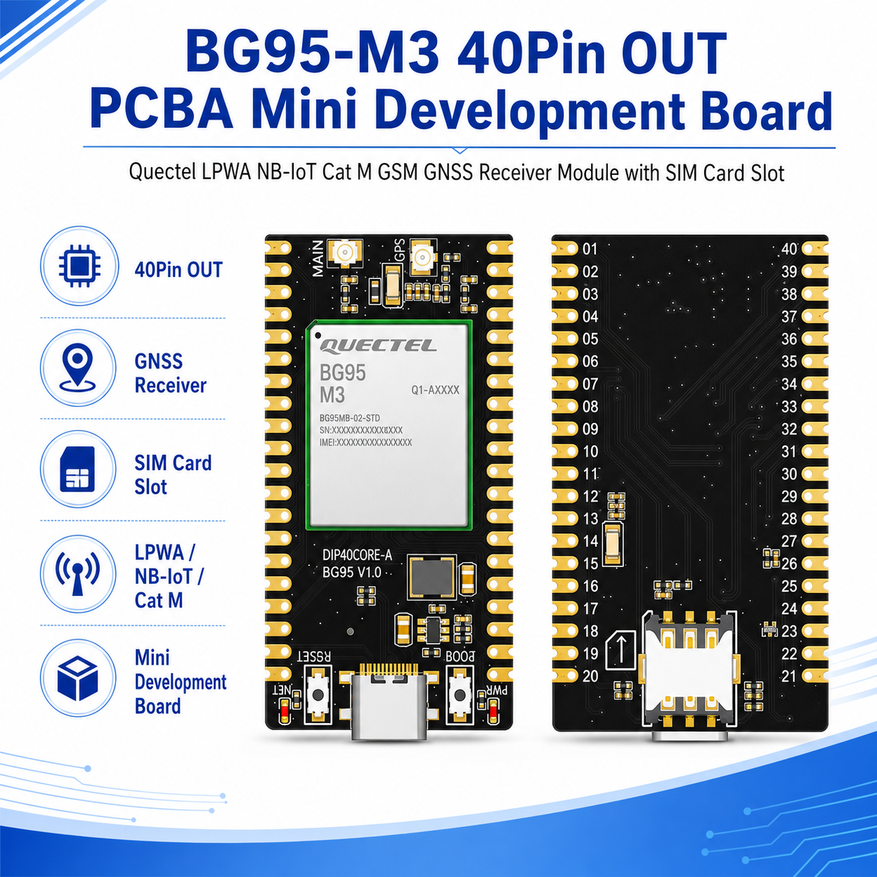 BG95-M3 40Pin OUT PCBA ミニ開発ボード Quectel LPWA NB-IoT Cat M GSM GNSS 受信機モジュール SIM カード スロット付き