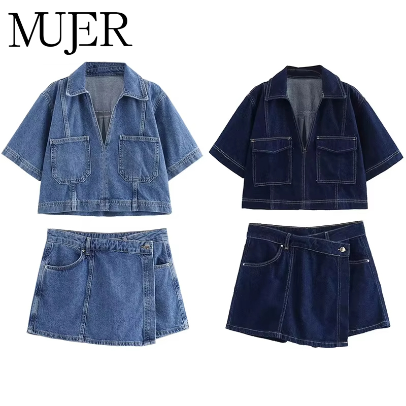 Mujer ブルーデニムシャツ女性半袖クロップドシャツ女性の夏のショートトップス女性ストリート Y2k スタイリッシュな女性のブラウス