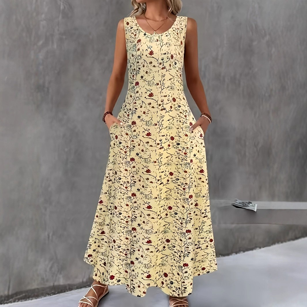 女性の夏のカジュアルノースリーブ花柄マキシドレス O ネック A ラインロングドレスポケット付きルーズ Vestidos ビーチサンドレス