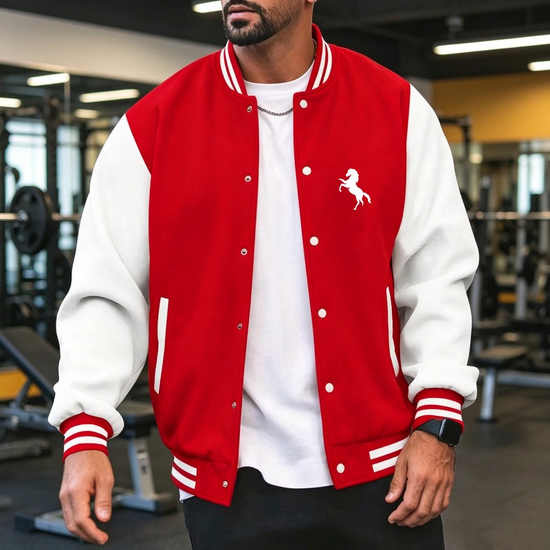 Men Color Block Baseball Jacket Ribbed Cuff Long Sleeve Button Varsity Coat   Fit Casual  Daily Outerwear For Sports GymS-3XL