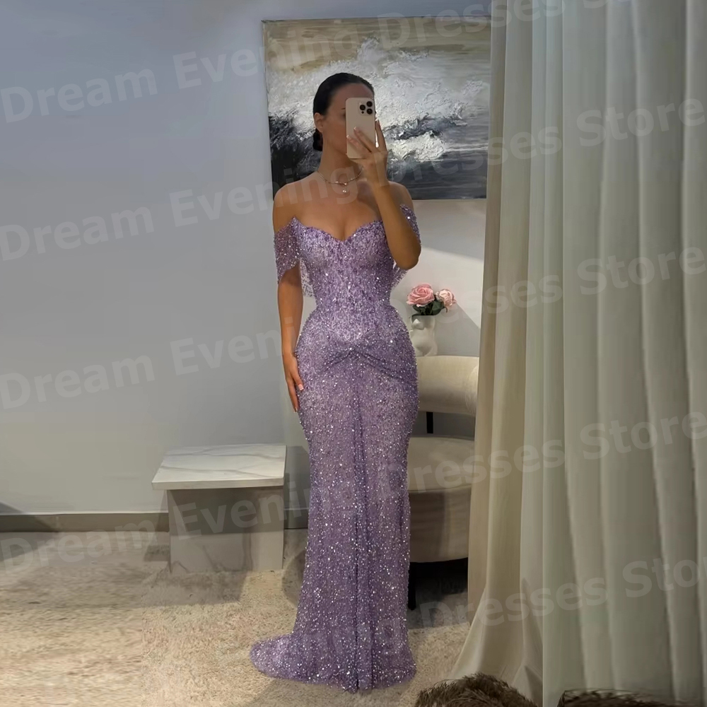 スパークリングマーメイド女性の光沢のあるオフショルダーイブニングドレスカスタマイズされた Vestidos パラ Mujer プロムドレスノースリーブローブ · ド · ソワレ