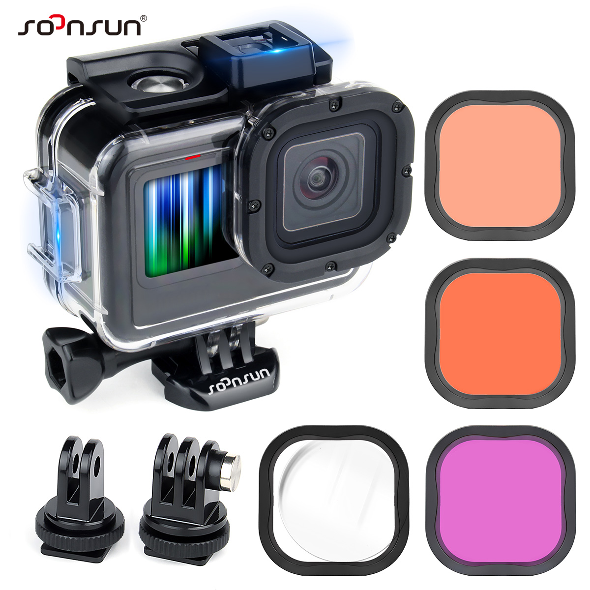 SOONSUN 60 メートル防水ケースフィルターキット GoPro ヒーロー 13 12 11 10 9 黒保護ハウジングレッドマクロレンズダイビングフィルター