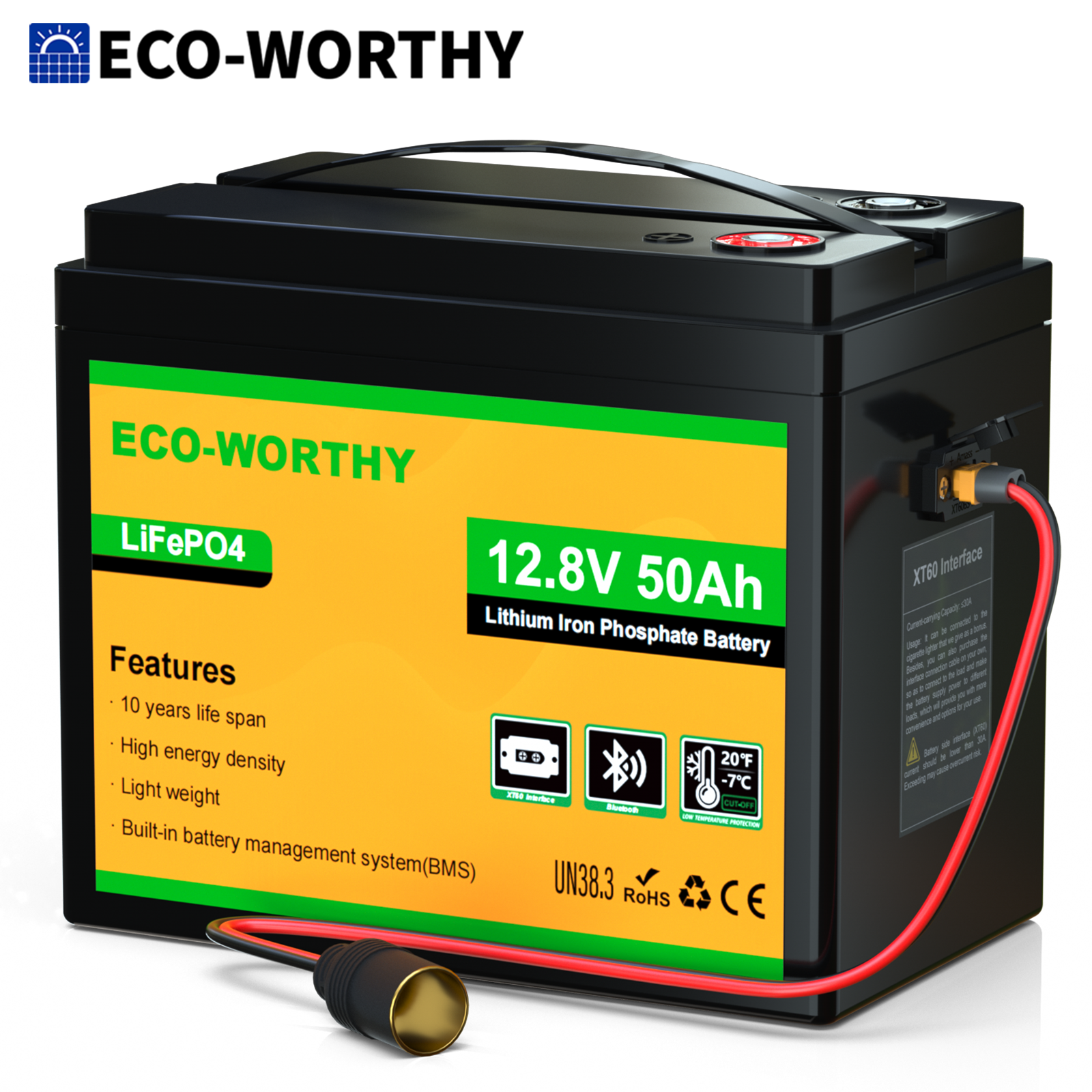 環境に優しい 12V 50Ah LiFePO4 リチウムバッテリー、XT60 インターフェース、Bluetooth 5.0、低温保護機能付き、キャンプ、ロードトリップ、トローリングモーター用のパワーインバーターに接続