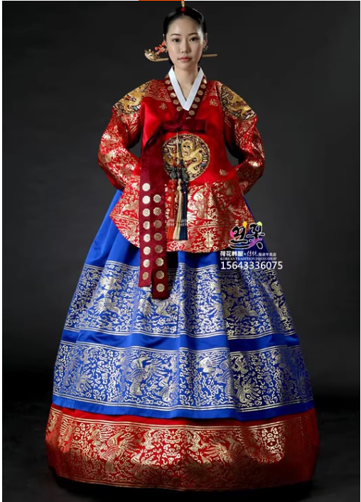 伝統的な韓服刺繍ブロンズ韓国女王ドレスヴィンテージ女性ステージ