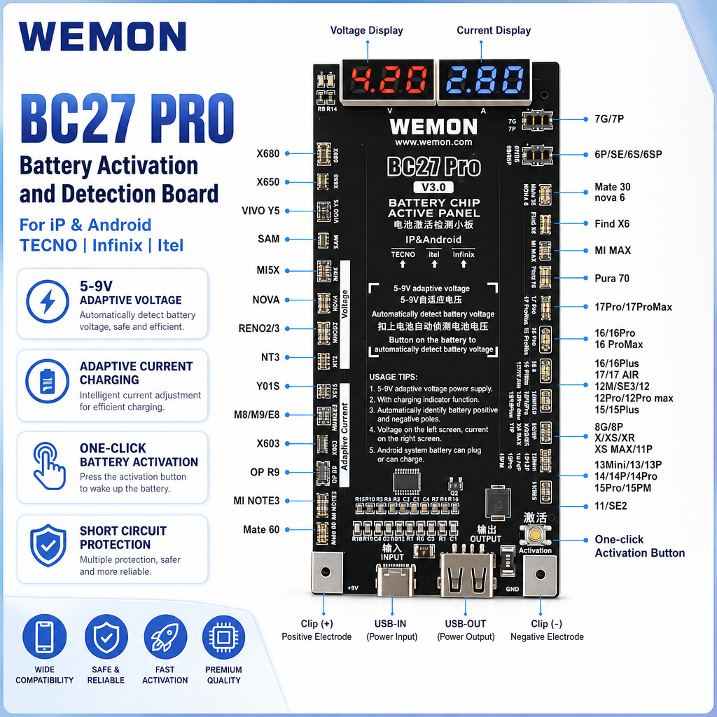 WEMON BC27 プロ携帯電話バッテリー活性化ボード電圧電流テスト充電検出器 iPhone17 Android 修復ツール