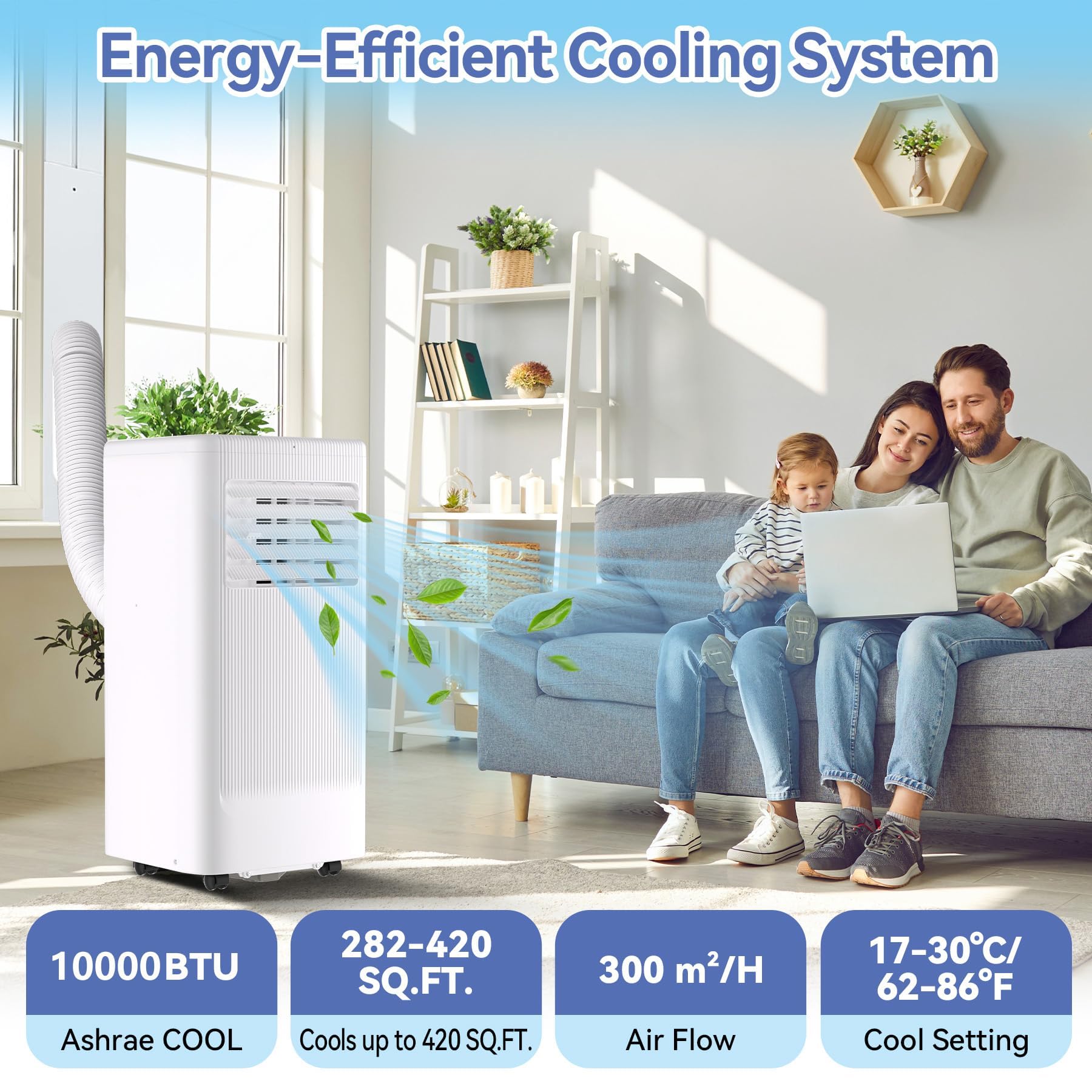 10000 BTU ポータブルエアコン、リモコンとウィンドウキット付き 3-in-1 スタンディング AC ユニット、除湿器付きの静かなルームエアコン、ホームオフィス寮用、最大 560 平方メートルフォート白