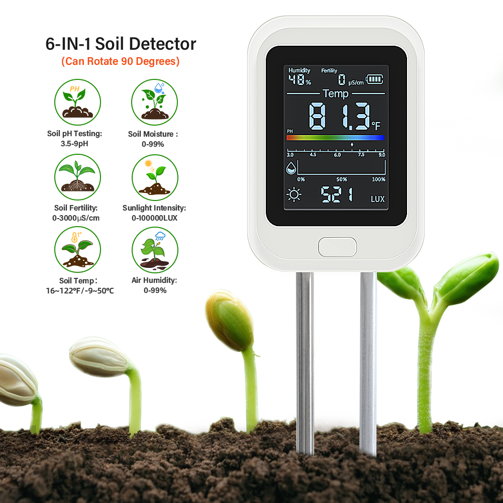 土壌テスター 6 in 1 pH 水分計、植物庭肥沃度用