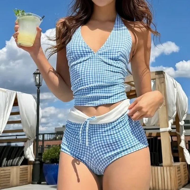 Color Block Plaid Halter Bikini Set Women Slim Low Waisted Split Bathing Suit Fashion Two Piece Hot Spring Vacation Beach Outfit
