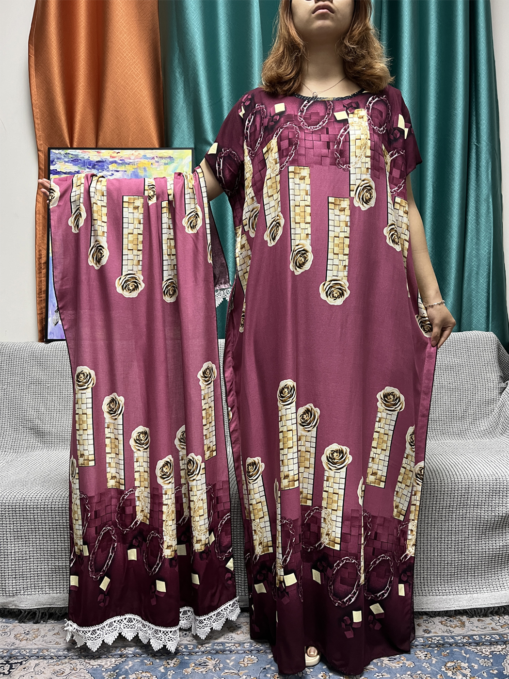 イスラム教徒アバヤ女性のための春 2025 新プリントローブ Boubou 綿カフタン Marocain ファムアフリカイスラムドレスとショールスカーフ