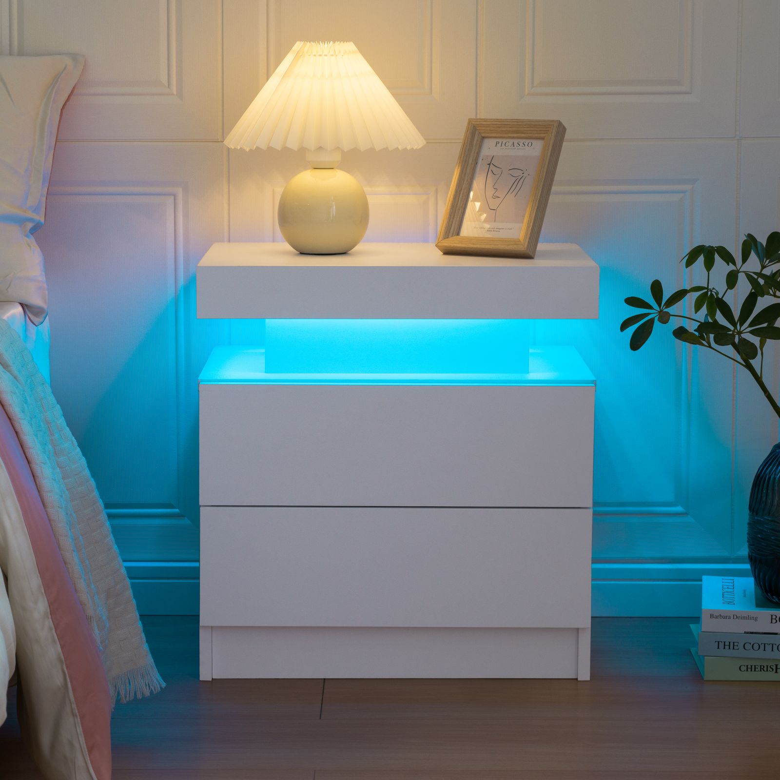 Cubehom LED ナイトスタンド、引き出し 2 つ、RGB LED ライト付きエンドテーブル、寝室、リビングルーム用、ホワイトベッドサイドテーブル