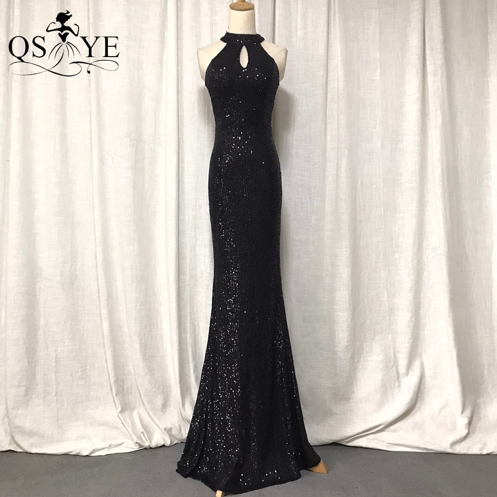 QSYYE シンプルなホルターネック黒のイブニングドレスロングスパンコールウエディングドレスグリッターフィットノースリーブフォーマルガウン女性マーメイドウエディングドレス