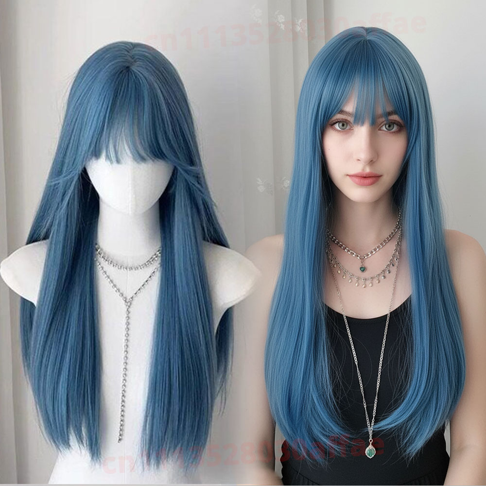 Blue wig With bangs Synthetic Wigs With Bangs Long Straight Cosplay Wig Natural Hair Heat Resistant For Women party Daily Use